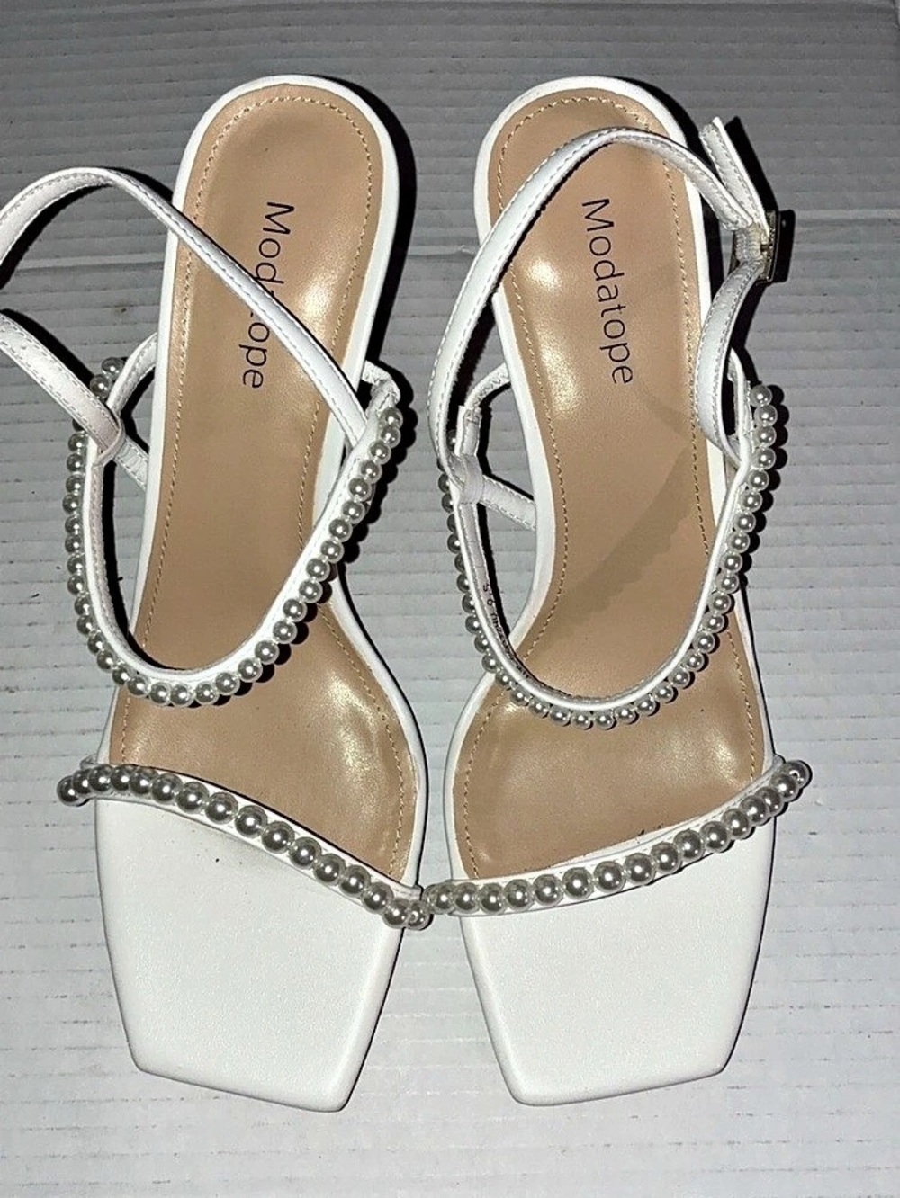 Modatope  Pearl Strap Square Toe Heels in White